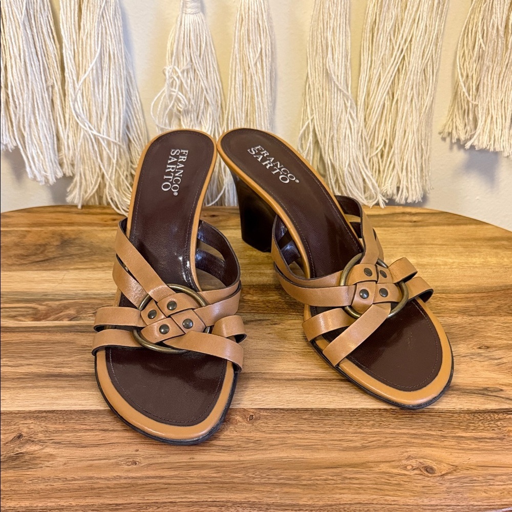 Franco Sarto Brown and Tan Leather Mules